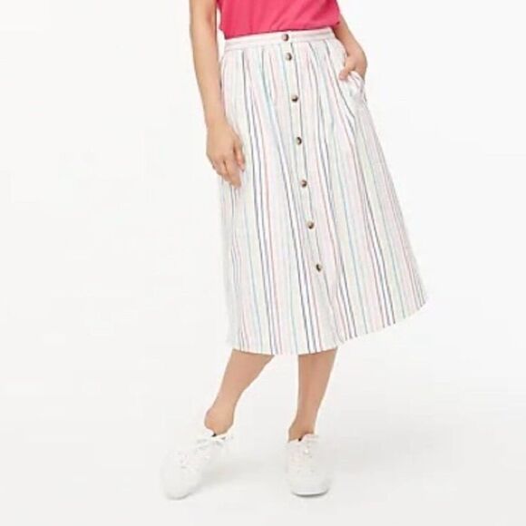 J. Crew Midi Skirt Poplin Rainbow Stripe White Buttons XS EUC - Picture 1 of 7